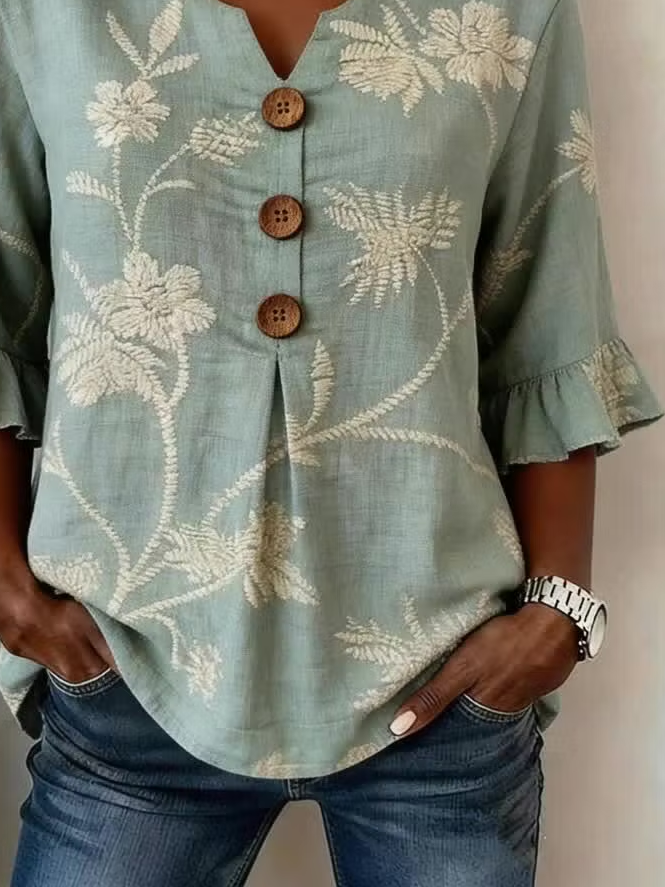 Women's Half Sleeve Blouse Summer Green Floral Printing V Neck Daily Going Out Vintage Top