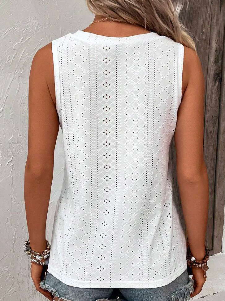 Loose V Neck Casual Buttoned Eyelet Embroidery Front Tank Top