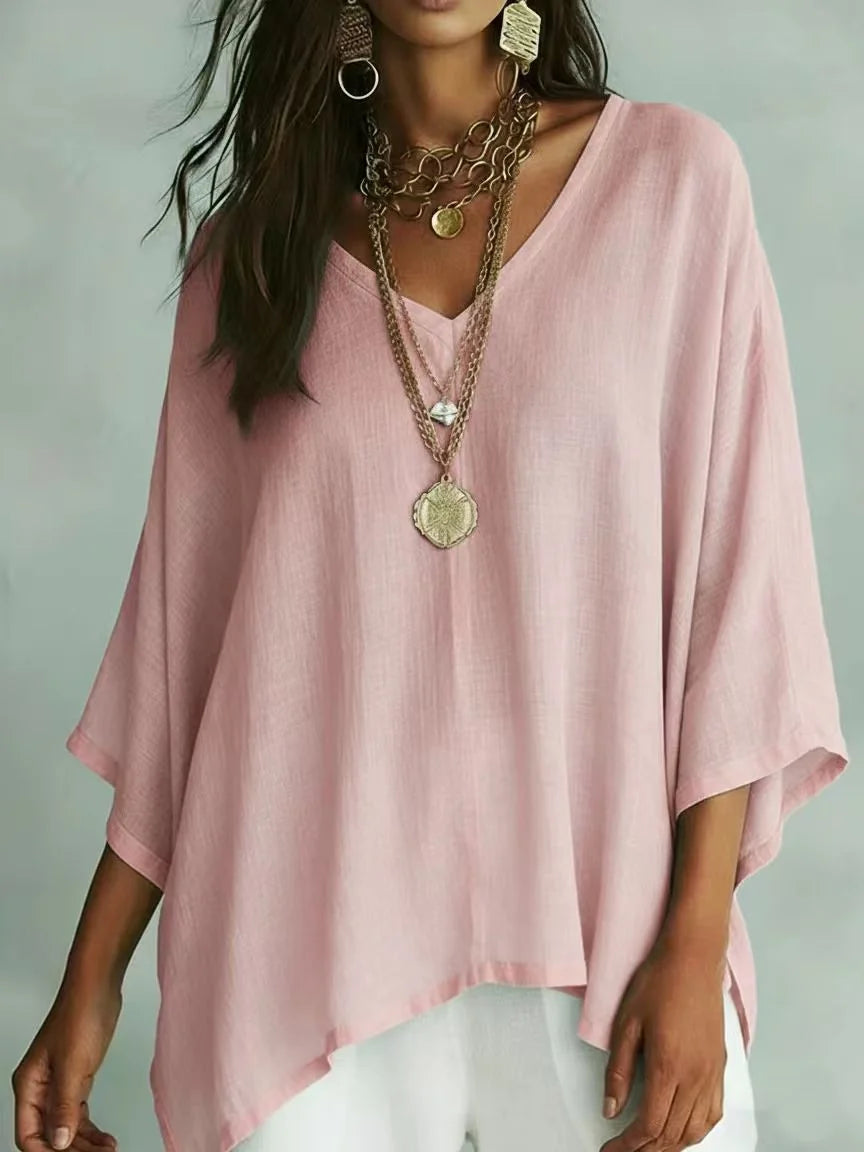 Plain V Neck Batwing Sleeve Casual T-Shirt