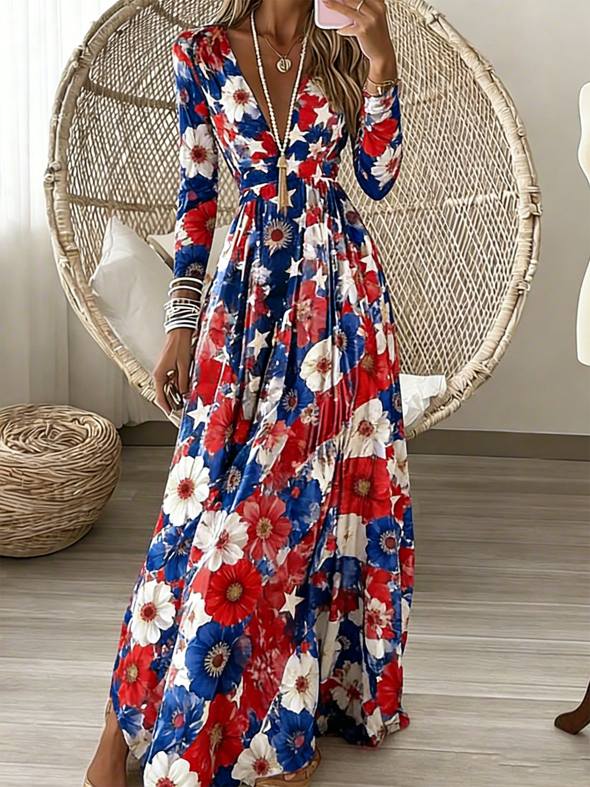 Casual Floral V Neck Dress With No