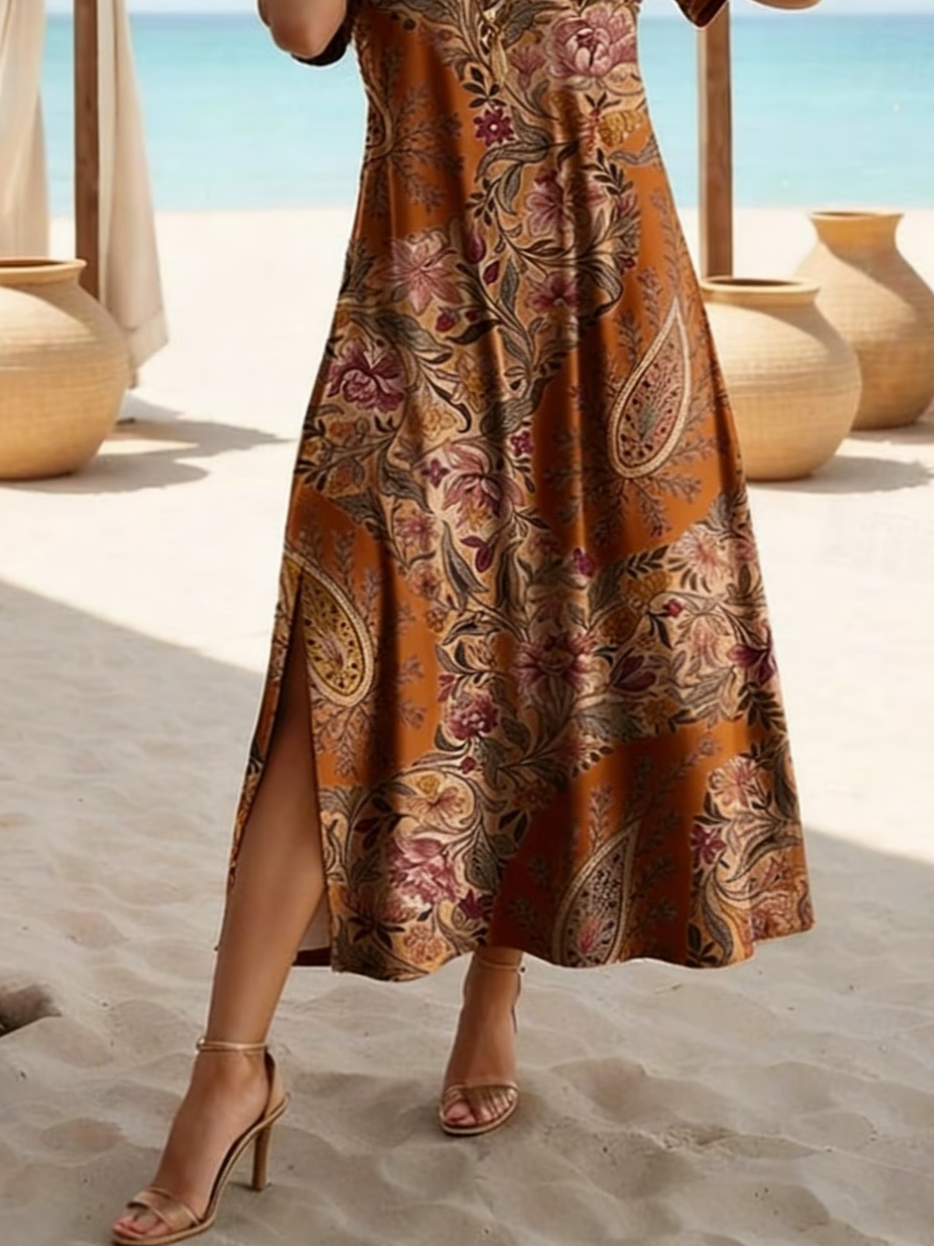 Women's Short Sleeve Summer Brown Floral Printing Crew Neck Daily Going Out Casual Maxi H-Line T-Shirt Dress Dress