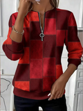 Women's Plaid Print Casual Zipper Long Sleeve Sweatshirt
