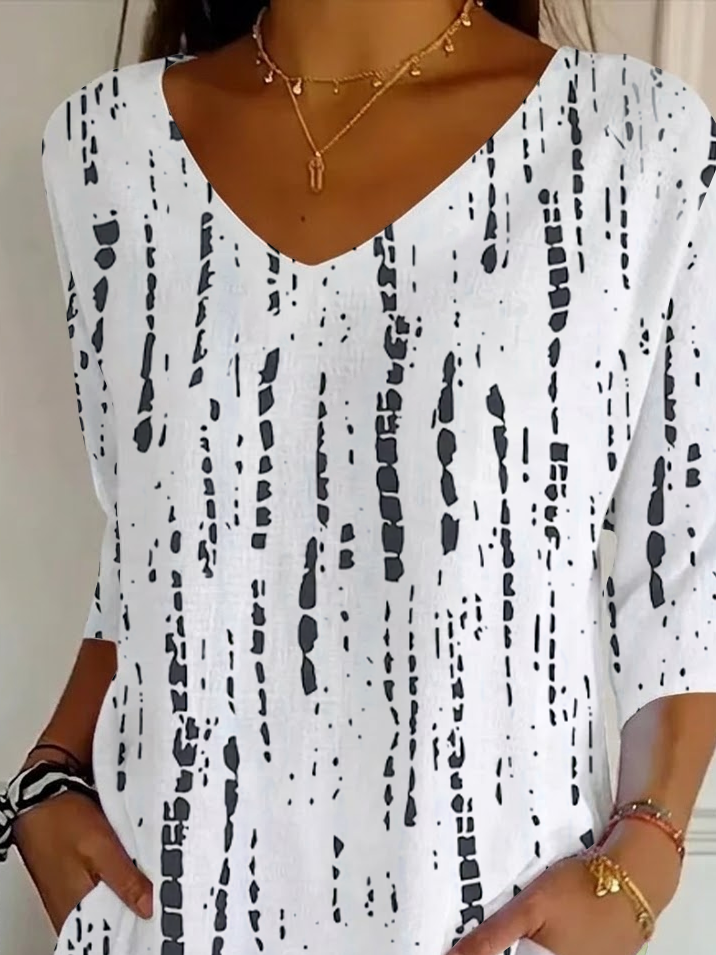 Women's Three Quarter Sleeve T-shirt Spring/Fall White Abstract Printing V Neck Daily Going Out Casual Top