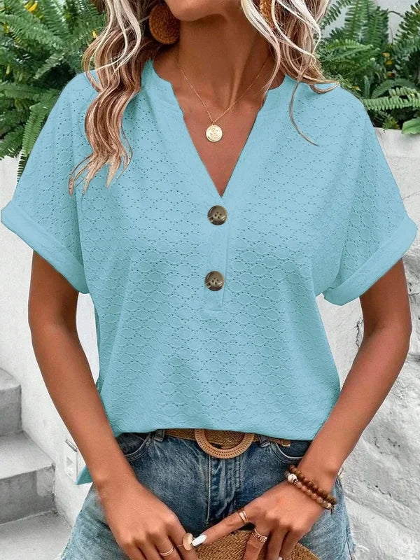 Women's Short Sleeve T-shirt Summer Yellow Plain Buckle V Neck Daily Going Out Casual Top