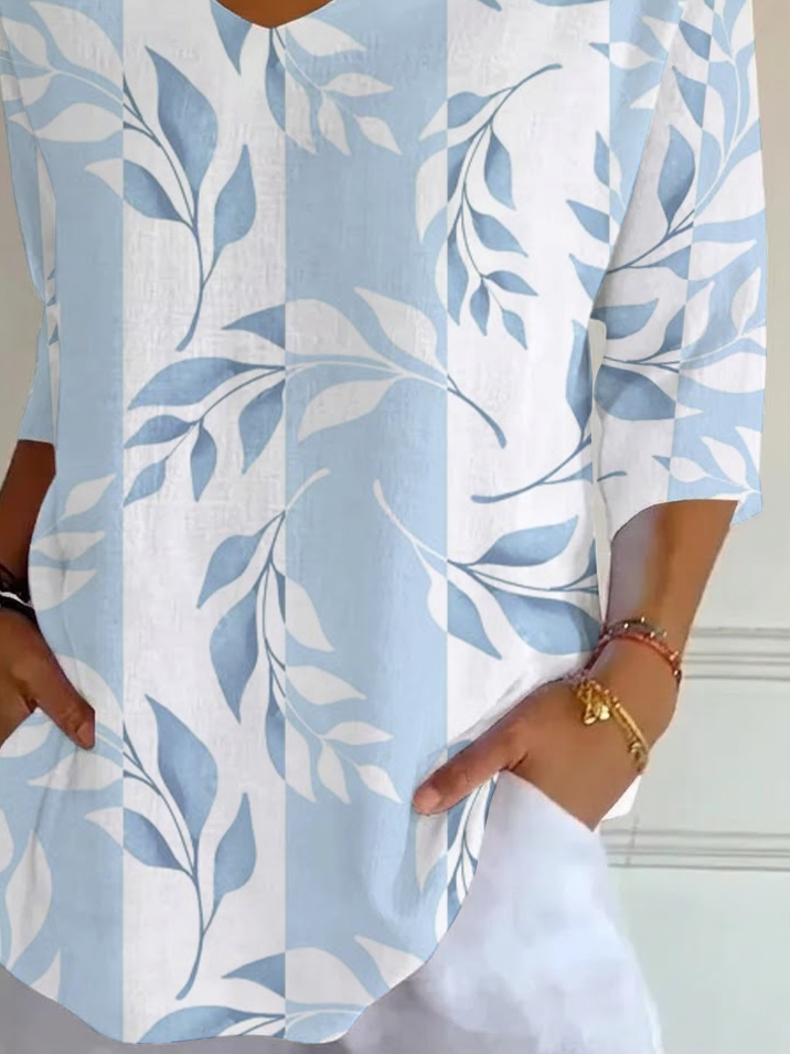 Women's Three Quarter Sleeve T-shirt Spring/Fall Blue Floral Printing V Neck Daily Going Out Casual Top