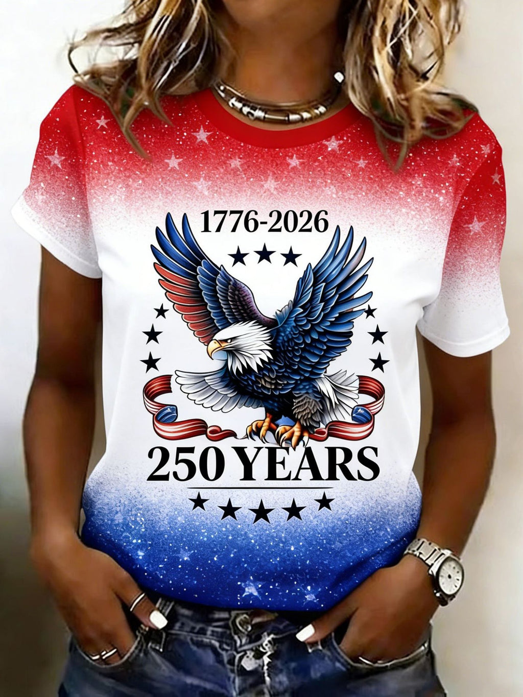 3D Printing Eagle Old Glory America Flag 250th Anniversary Crew Neck Casual T-Shirt