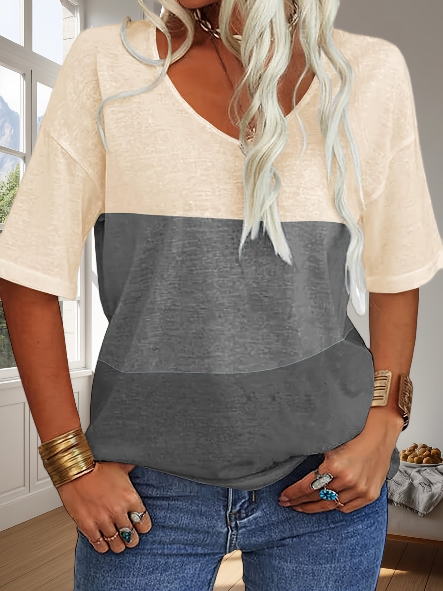 Striped Cotton V Neck Simple T-Shirt