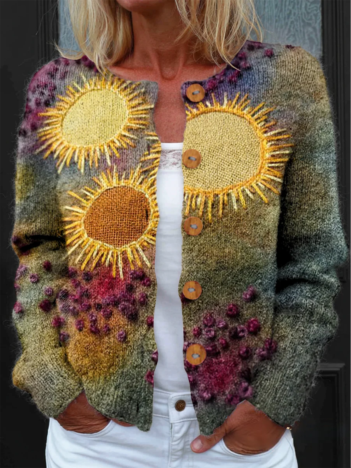 Vintage Colorful Patchwork Art Print Buttoned Cardigan Sweater