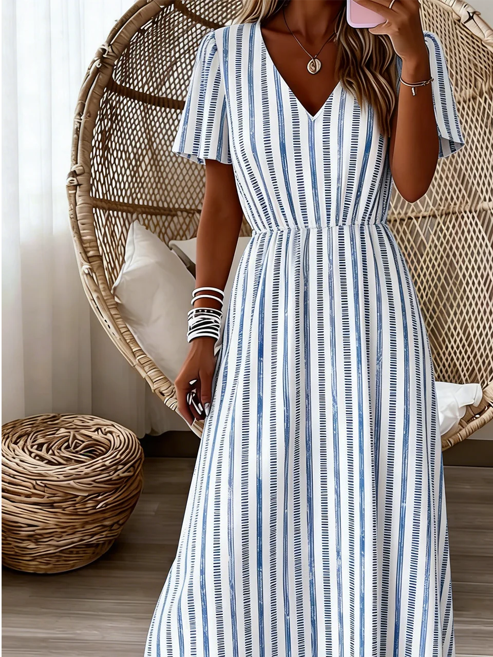 Loose V Neck Linen Blend Vintage Dress With No