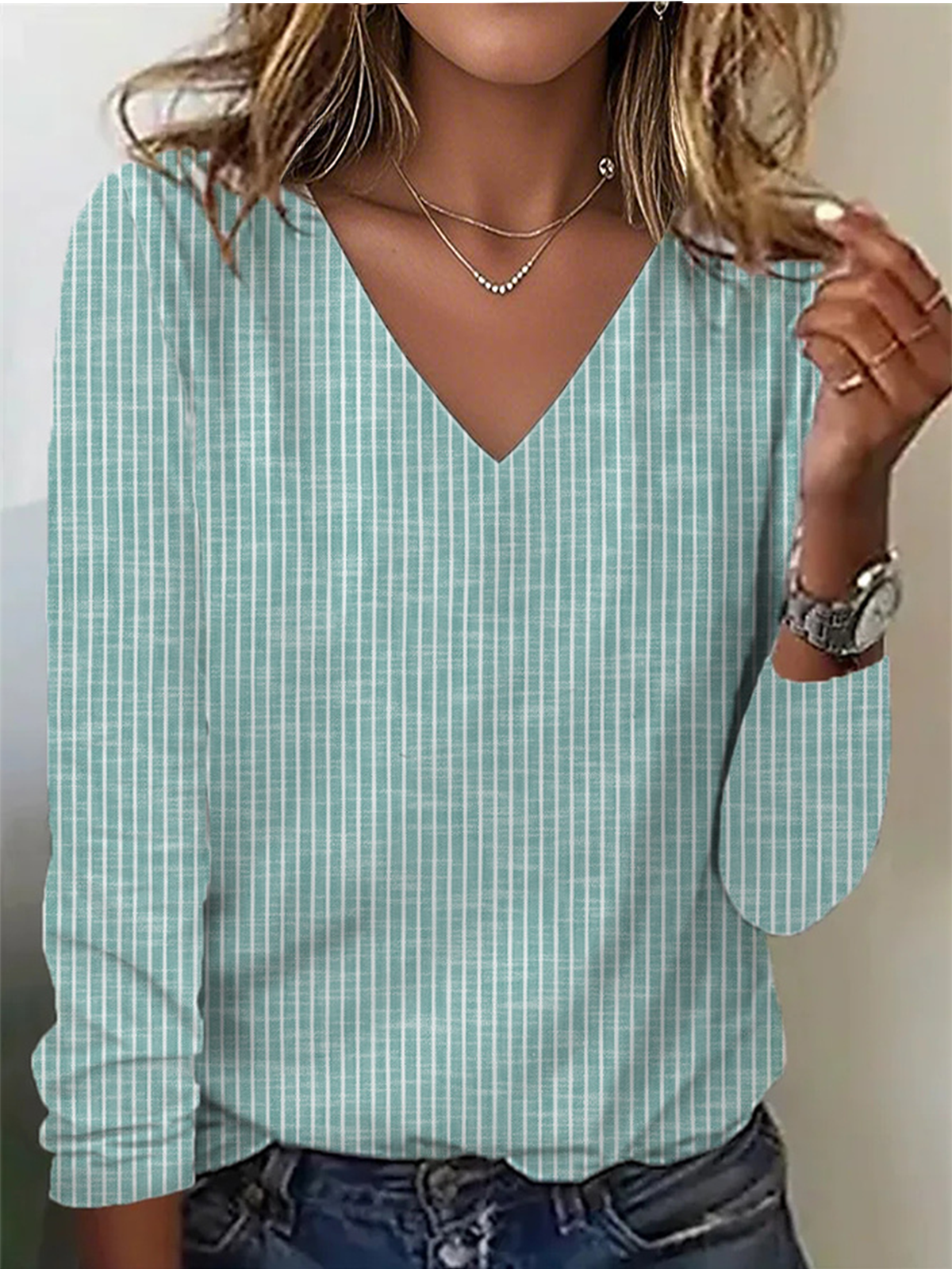 Casual Commuter Striped V Neck Long Sleeve T-Shirt