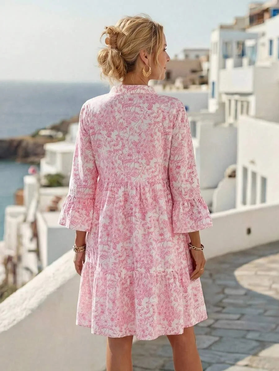 Elegant Floral V Neck 3/4 Sleeve Ruffle Tiered Mini Dress Casual Summer Flowy dress