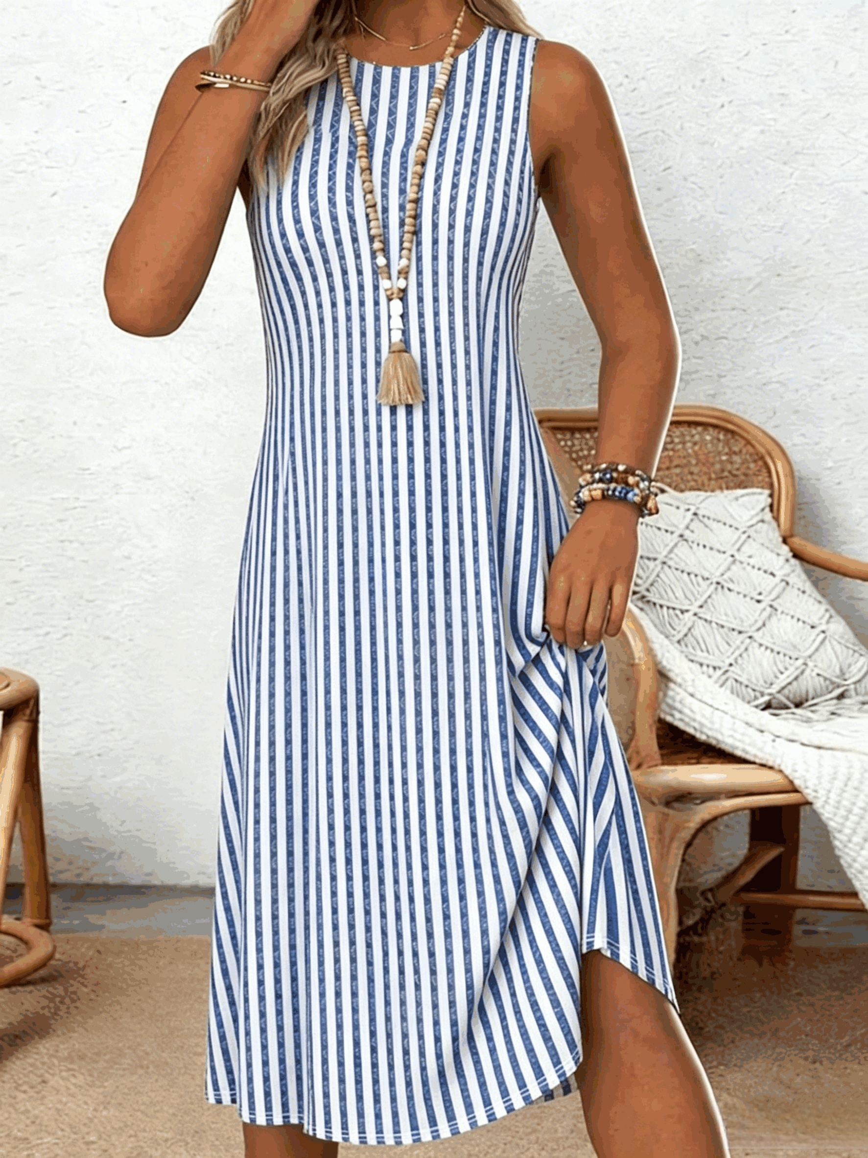 Women's Casual Sleeveless Striped Midi Dress Pink Purple Boho Summer A-Line Tank Dress for Beach Vacation