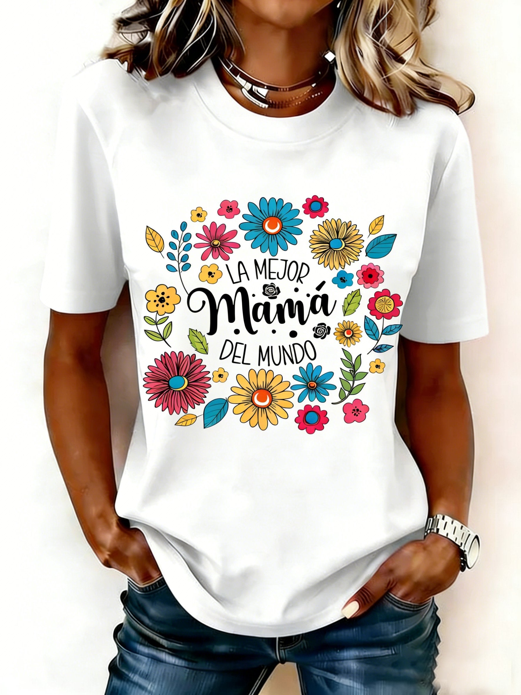 Mother's Day Letter Pattern Floral Short Sleeve Round Neck Loose Casual T-Shirt