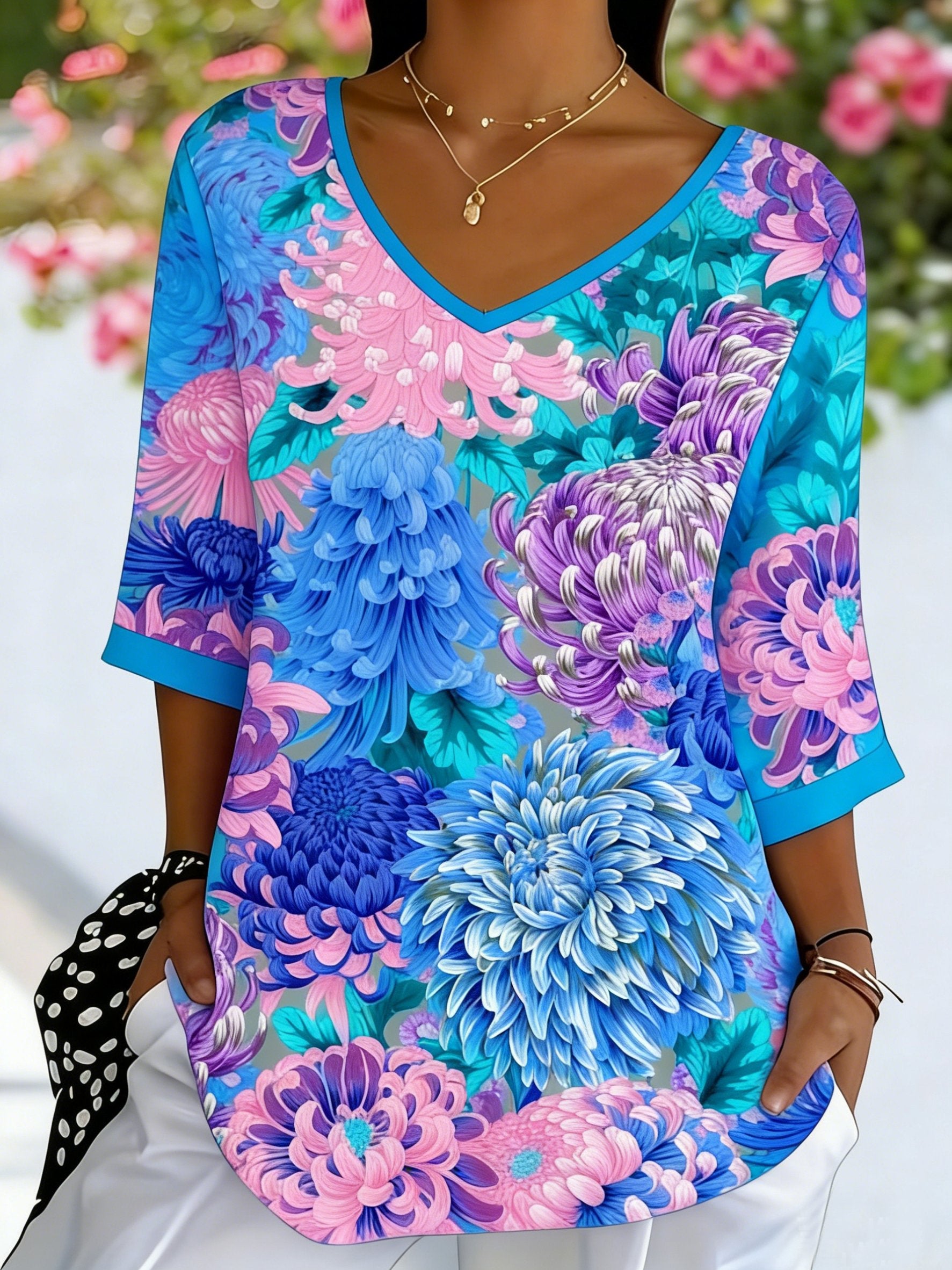 Women's Three Quarter Sleeve T-shirt Spring/Fall Purple Floral Printing V Neck Daily Going Out Casual Top