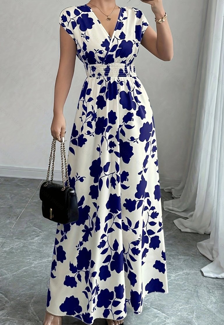 Floral Loose Elegant V Neck Dress With No