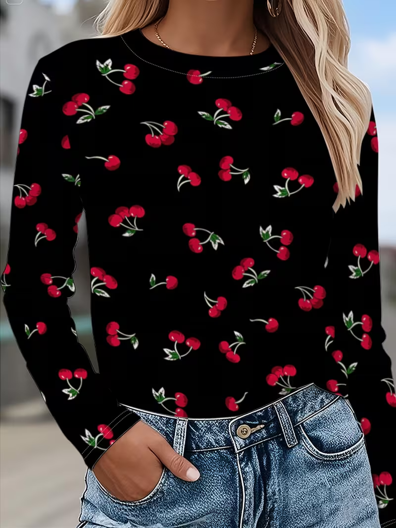 Women's Long Sleeve T-shirt Spring/Fall Black Fruit Printing Jersey Crew Neck Daily Going Out Casual Top