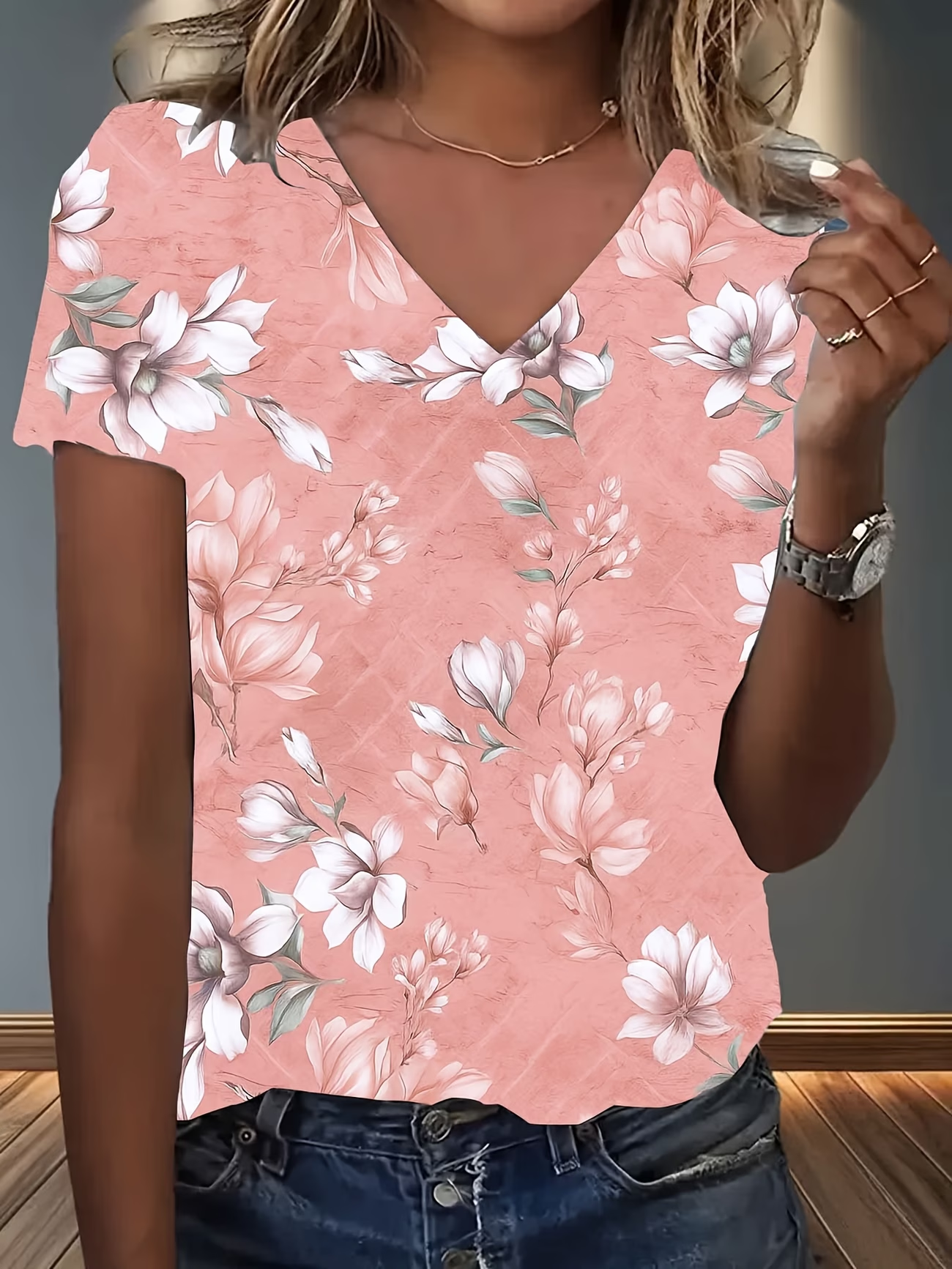 Women's Short Sleeve T-shirt Summer Pink Floral Printing V Neck Holiday Going Out Vintage Top