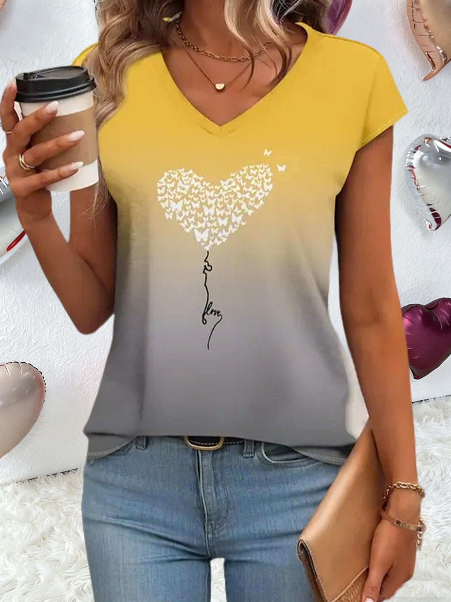 Jersey Heart Print V Neck 3D Printing Casual Regular Fit Valentine's Day Going Out Casual T-Shirt