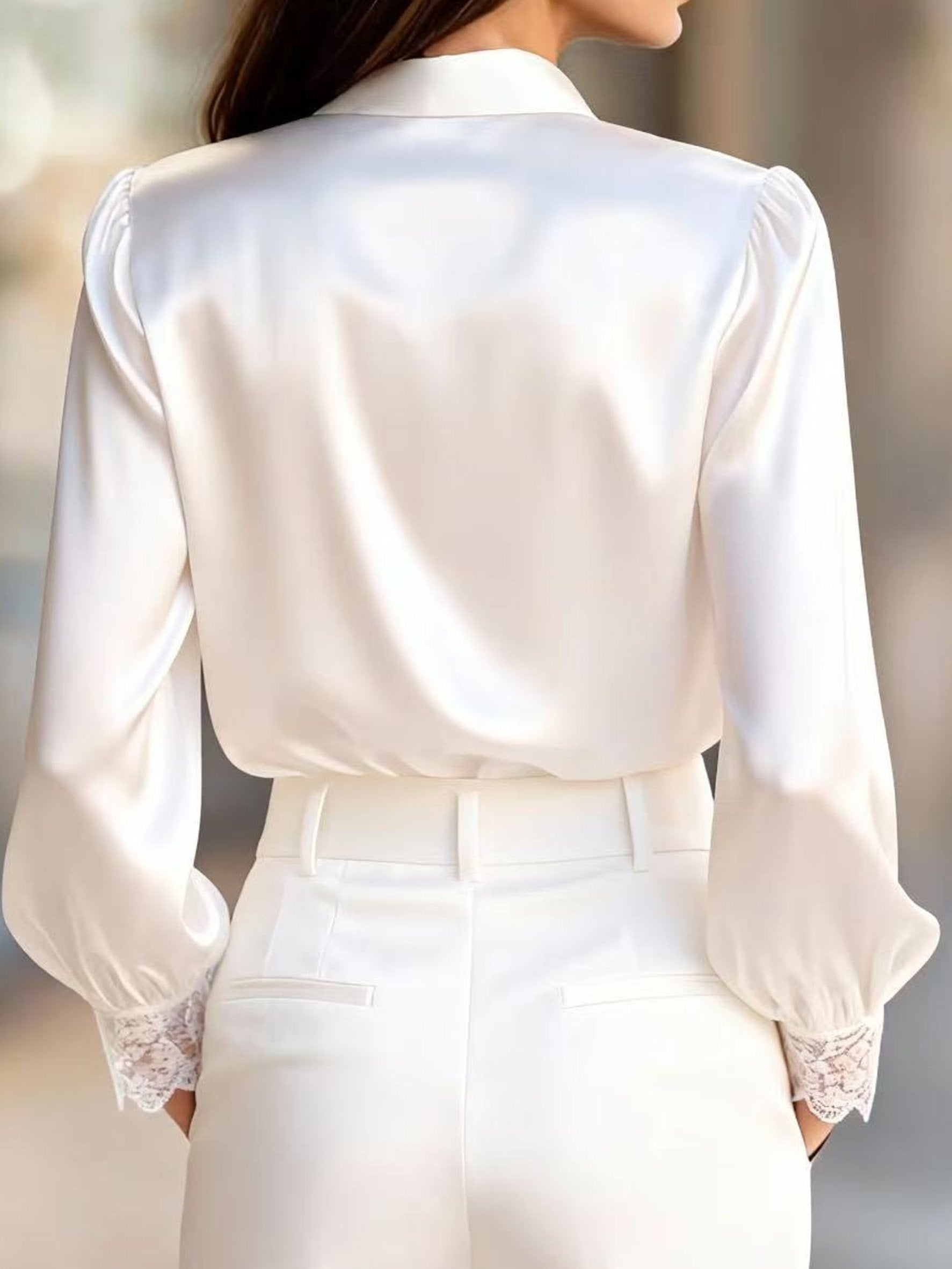 Satin Lace Block Long Sleeve Shawl Collar Elegant Going Out Shirt