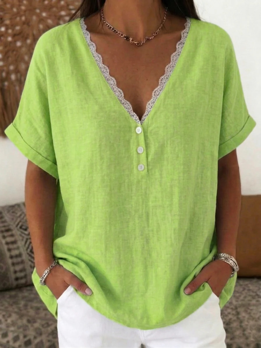 Cotton Casual Lace V Neck Blouse