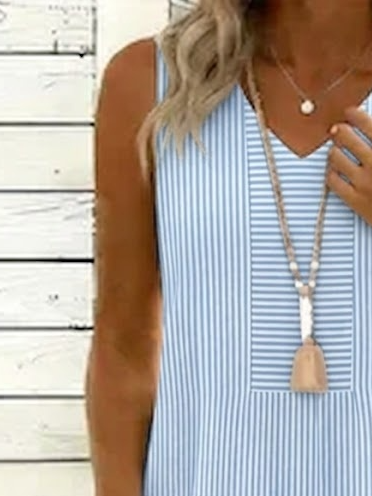 Blue White Striped Sleeveless V-Neck Swing Dress Casual Summer Loose Dress