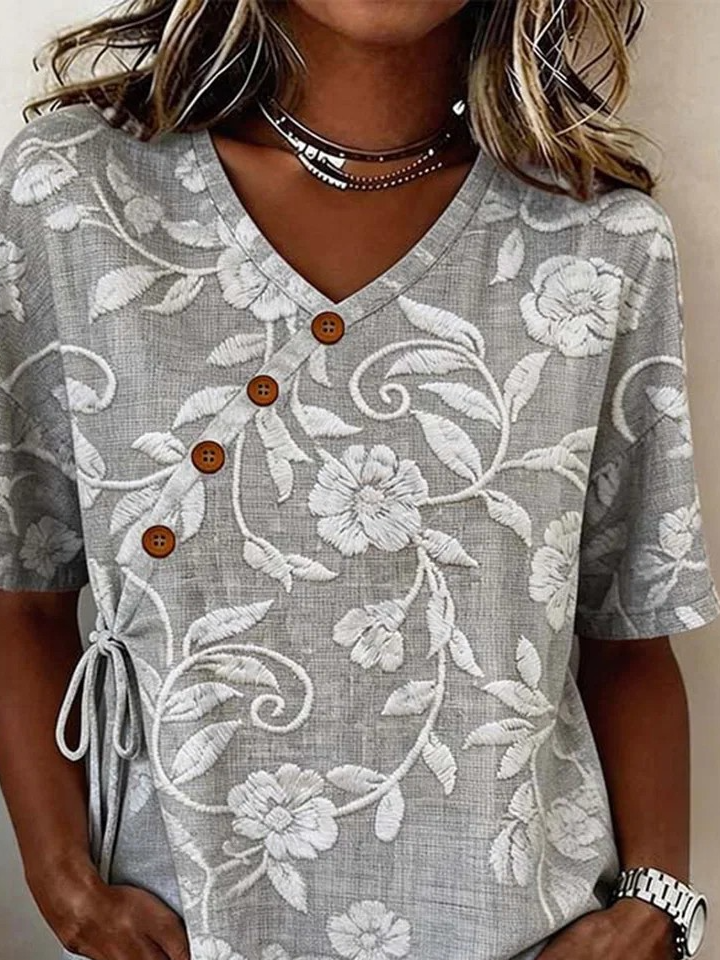 Elegant Loose Crew Neck Cotton And Linen Shirt