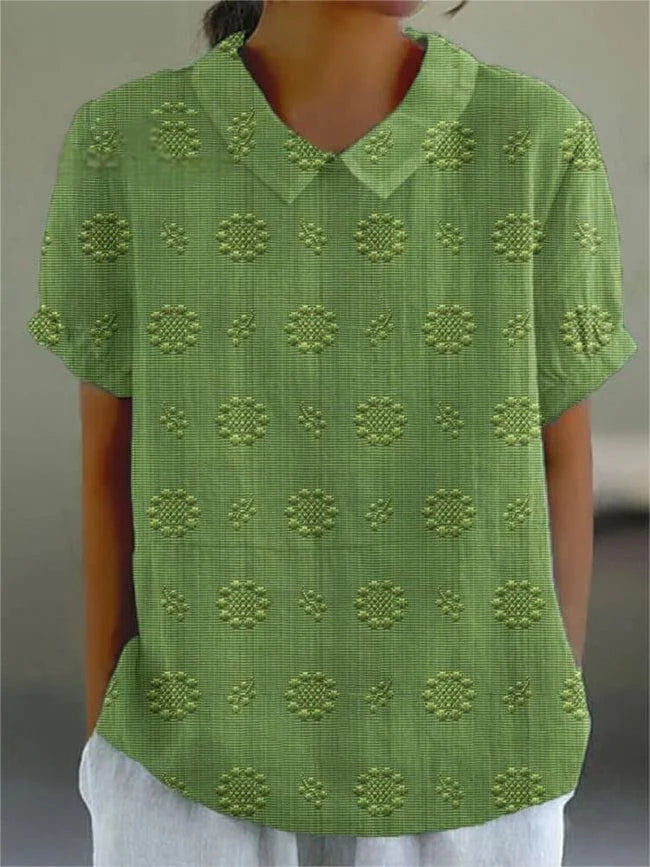 Vintage Printed Textured Short Sleeve Blouse with Peter Pan Collar