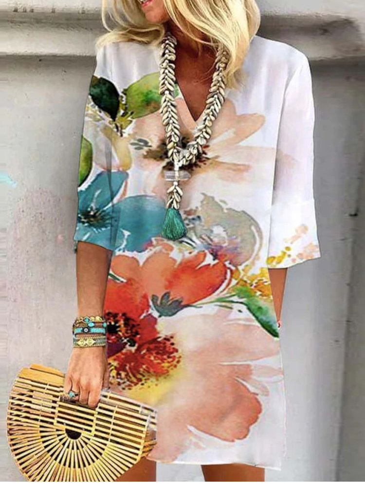 Floral Casual Regular Fit V Neck Dress With No