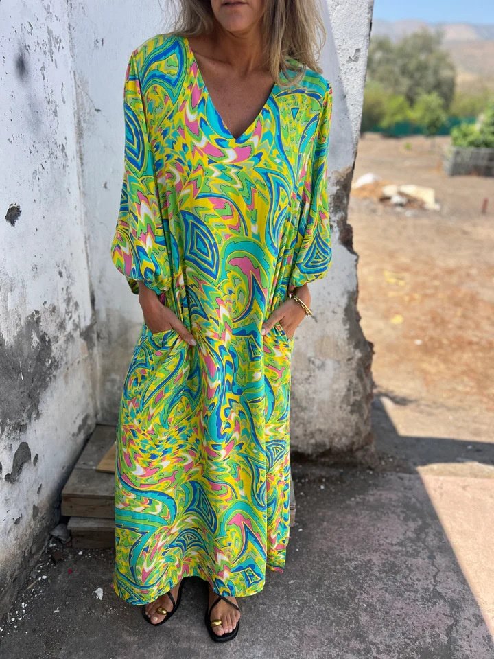 Women's Long Sleeve Spring/Fall Army Green Floral Split Joint V Neck Balloon Sleeve Daily Going Out Vintage Maxi A-Line T-Shirt Dress Dress