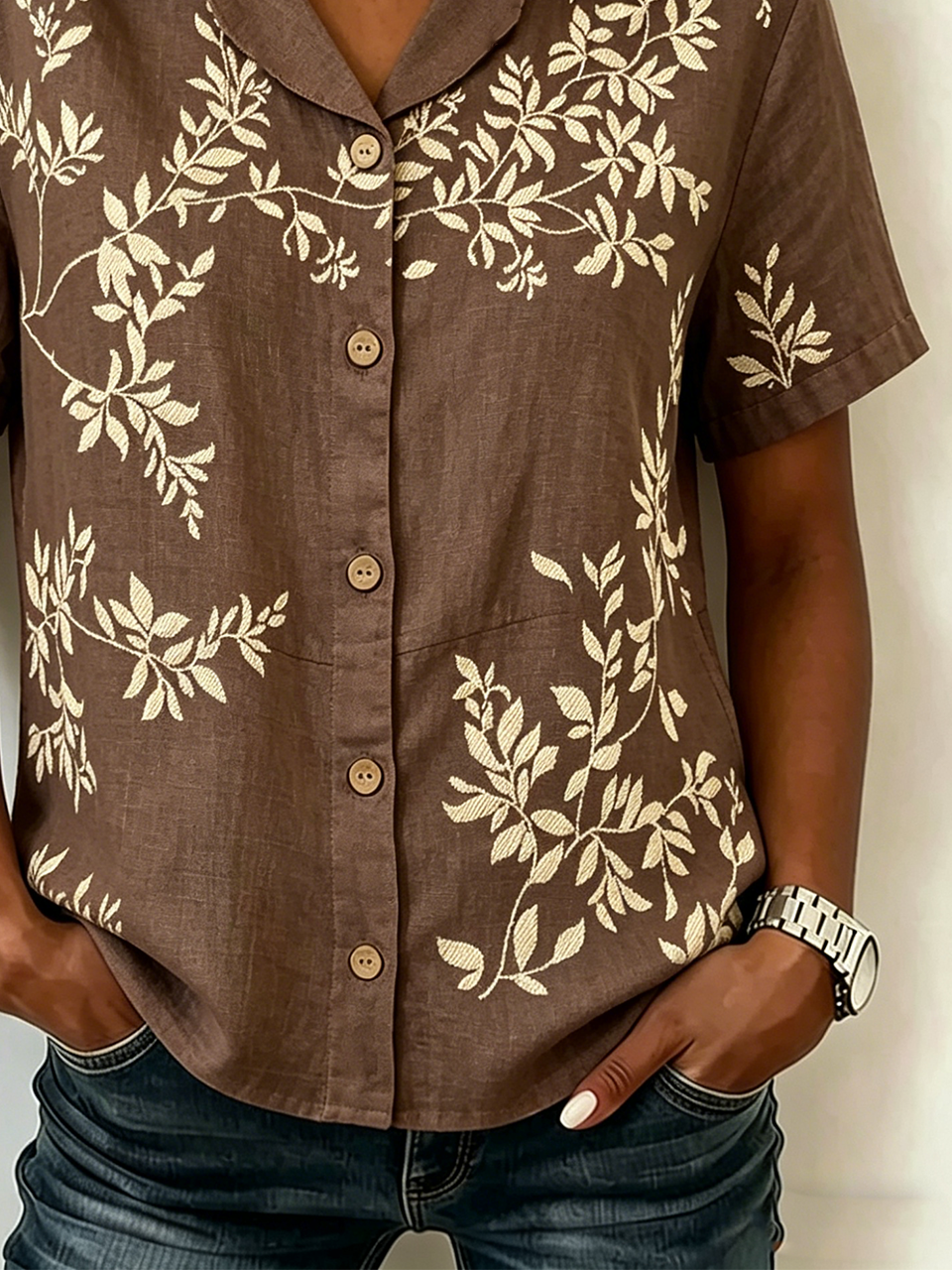 Vintage Botanical Pattern Linen Blend Shirt