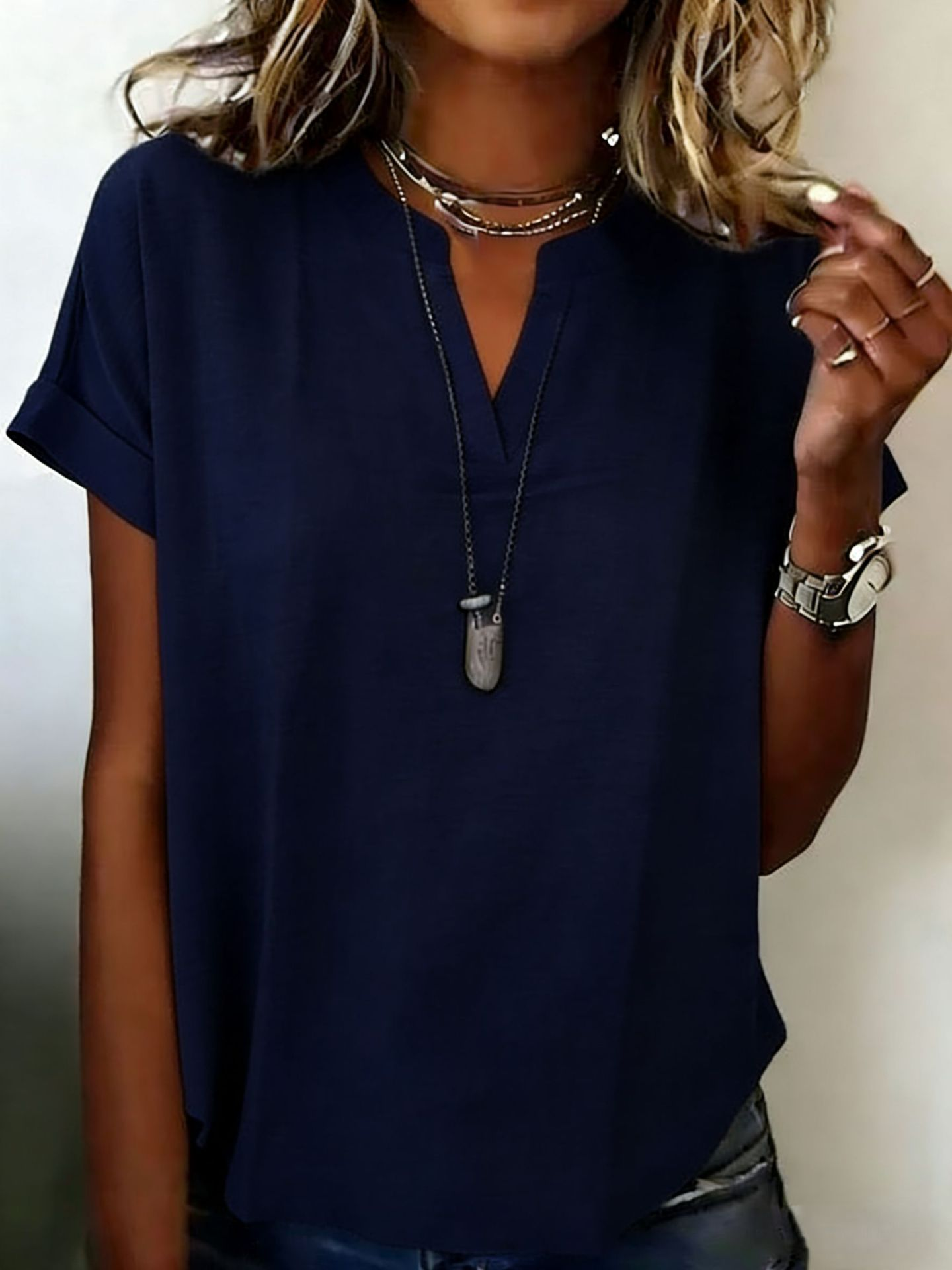 Polyester Cotton V Neck Short Sleeve Casual Blouse