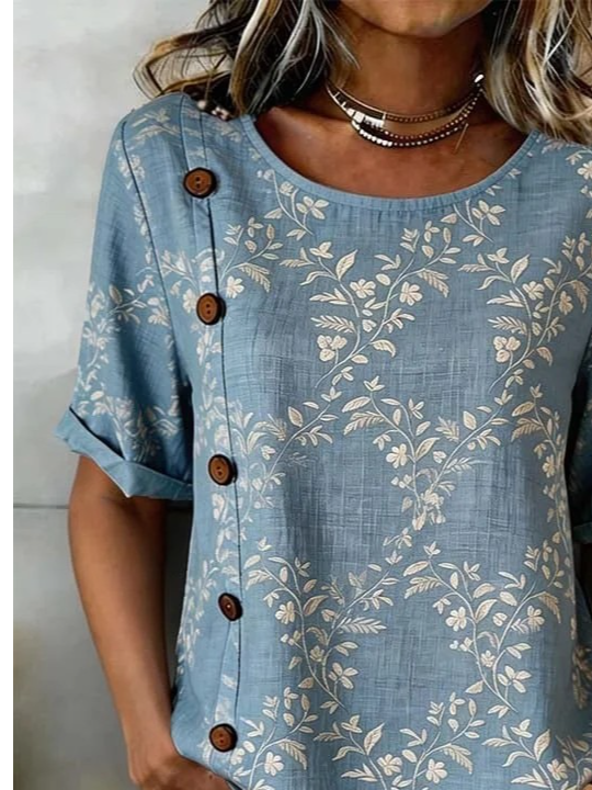 Linen Blend Loose Vintage Floral Shirt