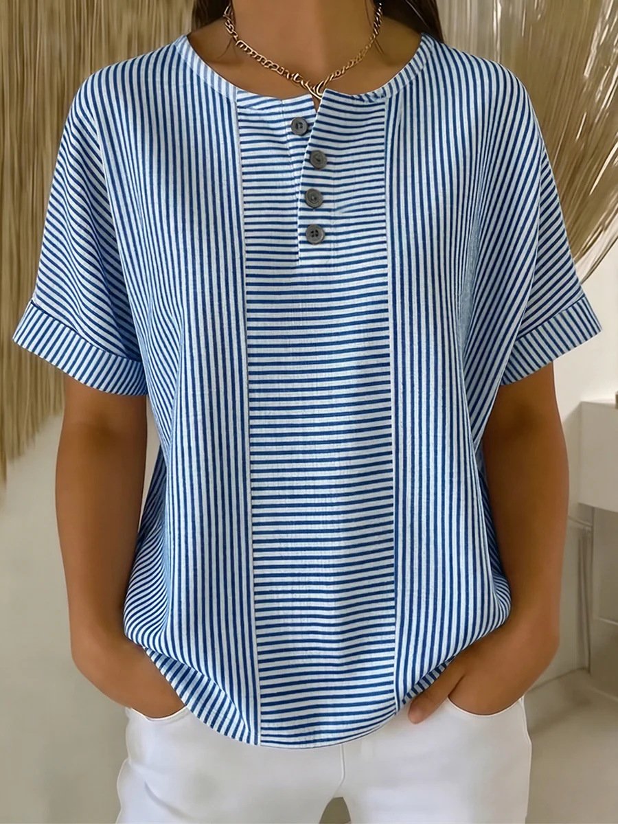 Light Blue Stripe Print Henley Neck Button Down T-Shirt