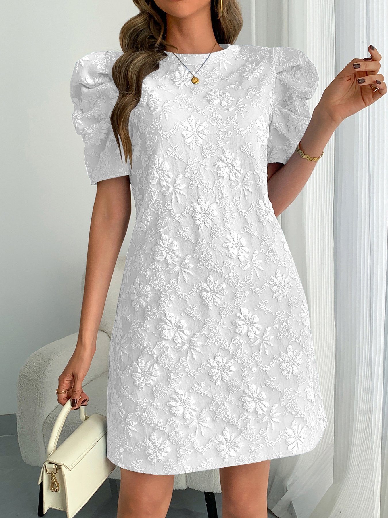 Regular Fit Floral Elegant Crew Neck Dress With No