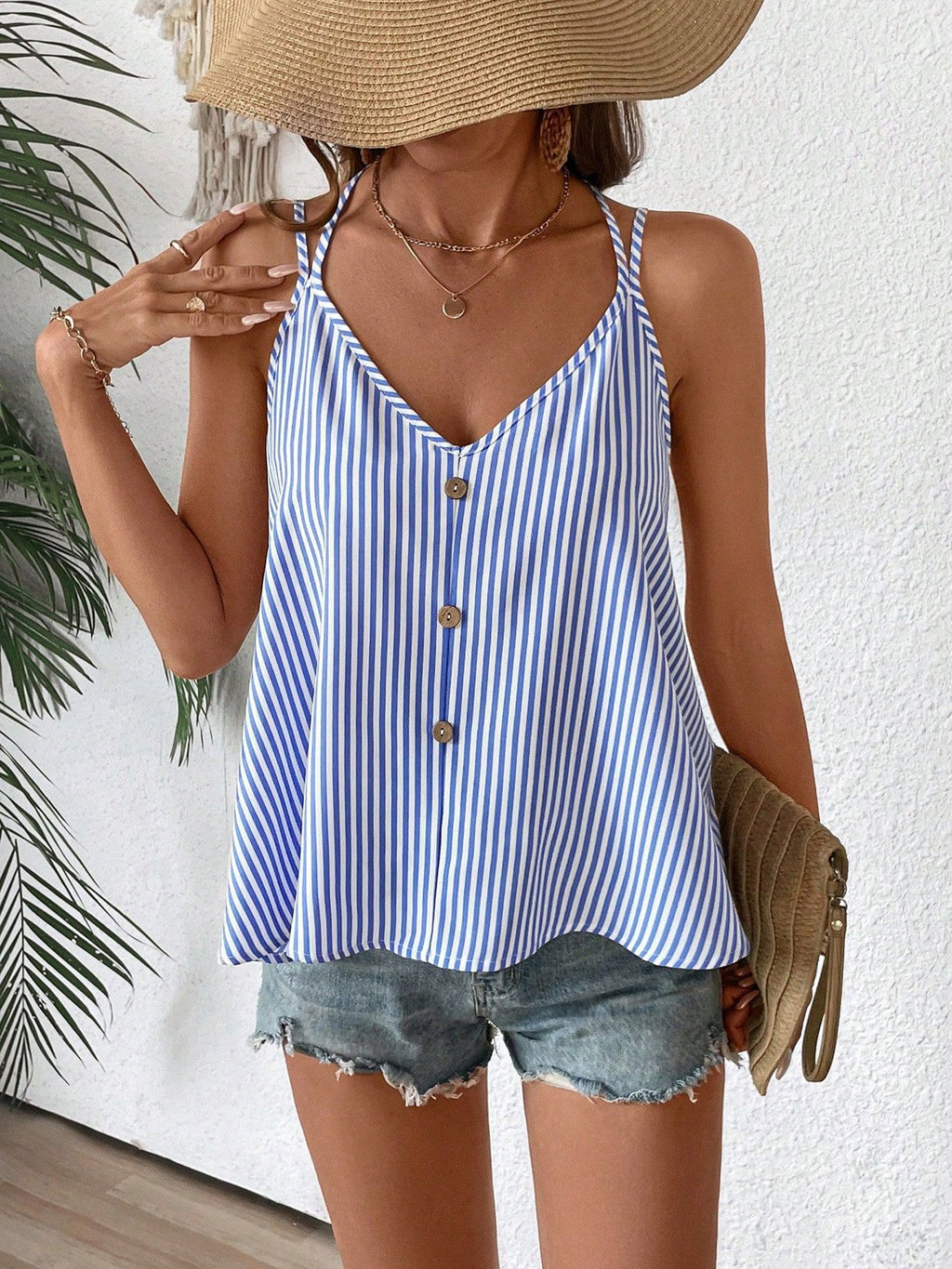 Striped Adjustable Shoulder Strap Decorative Buttons V-Neck Summer Casual Cami Top