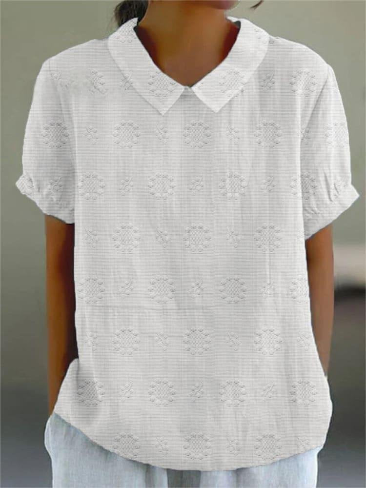Vintage Printed Textured Short Sleeve Blouse with Peter Pan Collar