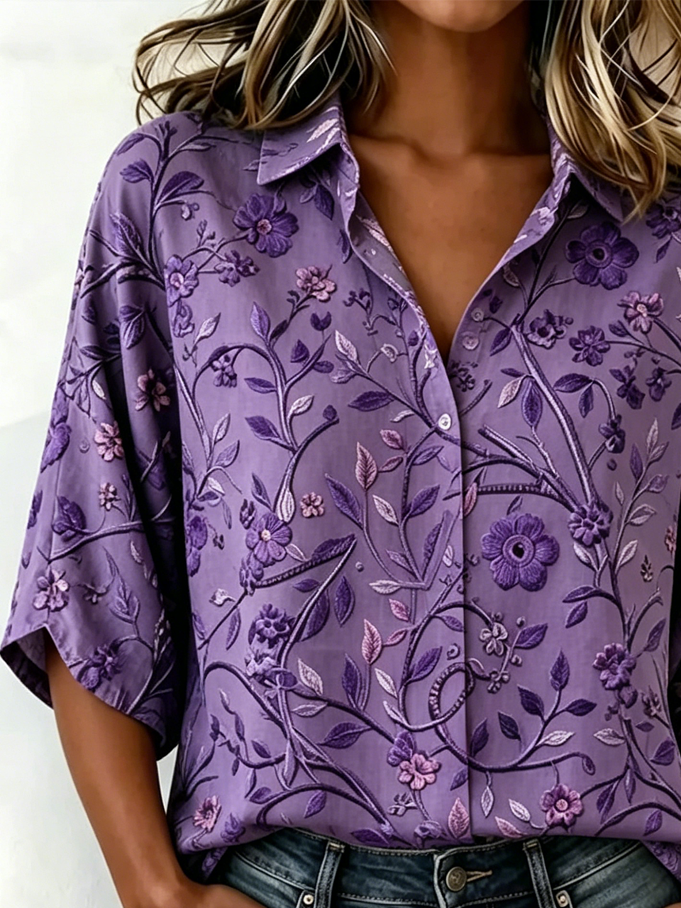 Loose Vintage Floral Shawl Collar Blouse