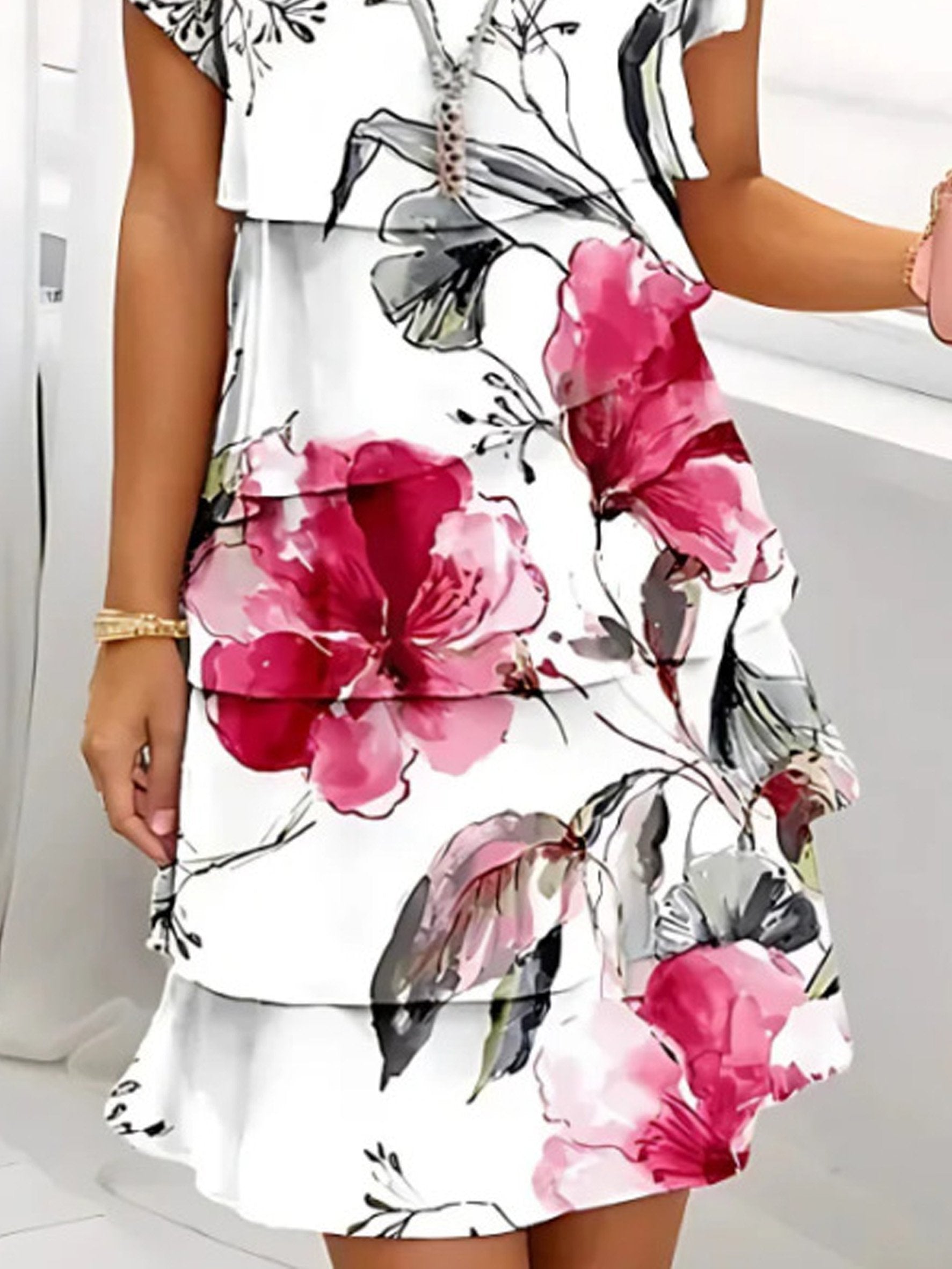 Floral Print Casual Crew Neck Short Sleeve Spring/Summer Chiffon Dress