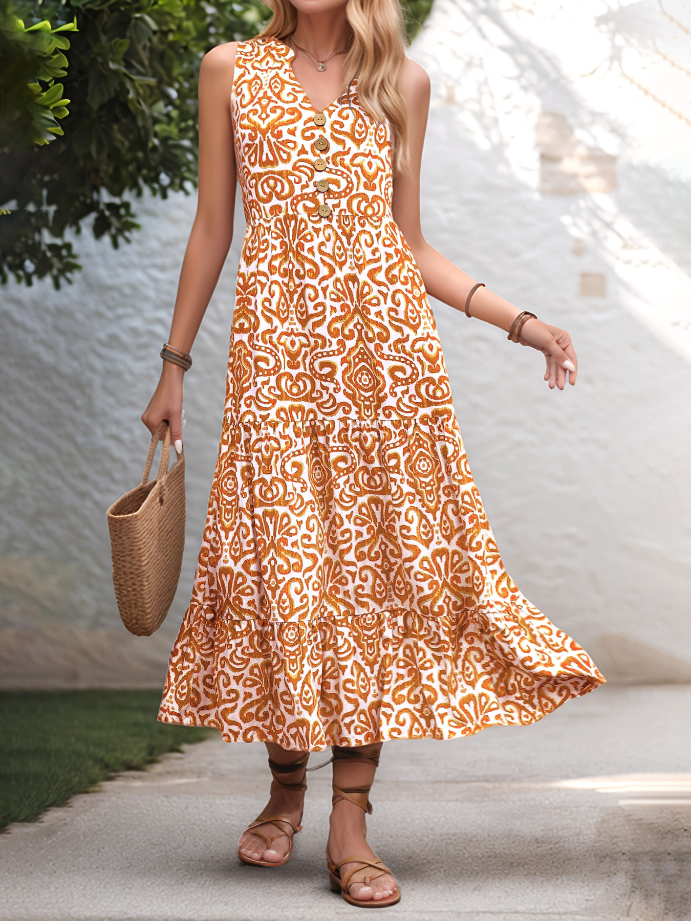 Elegant Ethnic Geometry V Neck Sleeveless Summer Vacation Going Out Elegant Maxi Dress