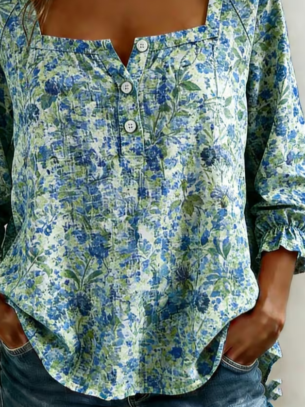 Women's Three Quarter Sleeve Blouse Spring/Fall Blue Floral Printing Square Neck Daily Going Out Vintage Top