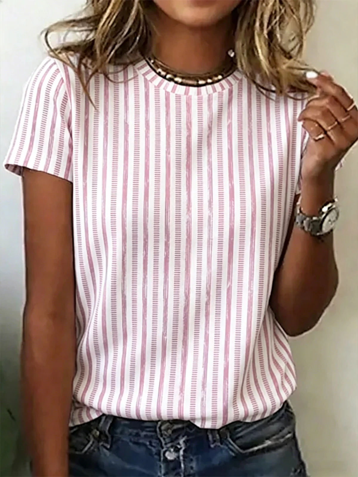 Brushstroke Stripe Print Crew Neck Short Sleeve Casual T-Shirt