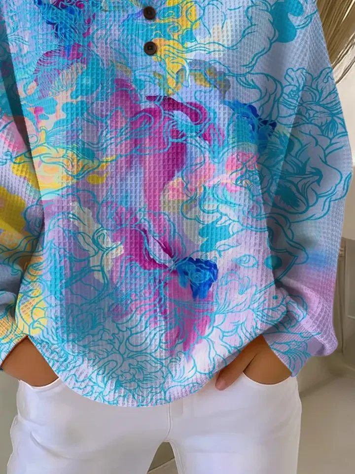 Women's Abstract Print Button-Up Casual Waffle Knit Sweatshirt