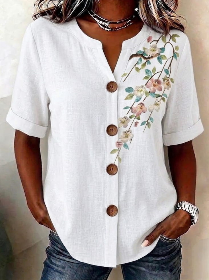 Floral Linen Blend Stand Collar Simple Loose Shirt