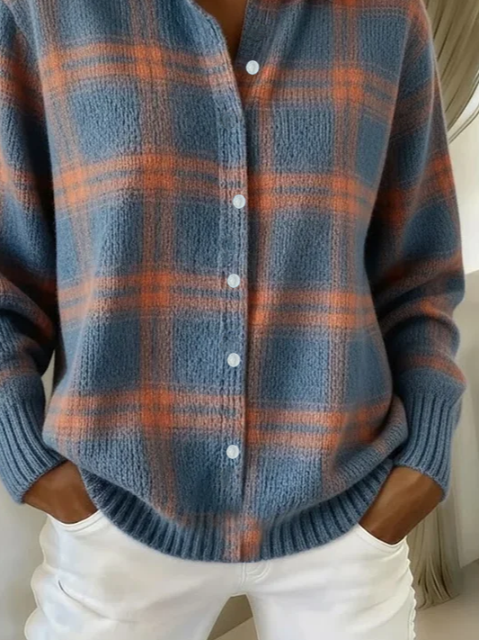 Women's Retro Plaid Casual Collared Button-Up Cardigan