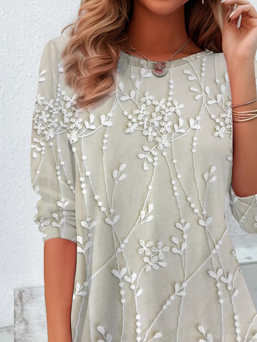 Women's Floral Print Casual Crew Neck Long Sleeve Tunic Waist Tee