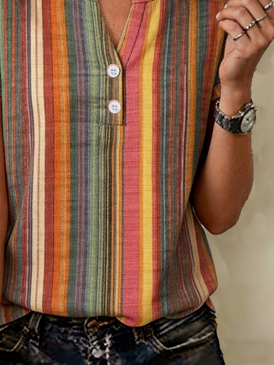 V Neck Striped Elegant T-Shirt
