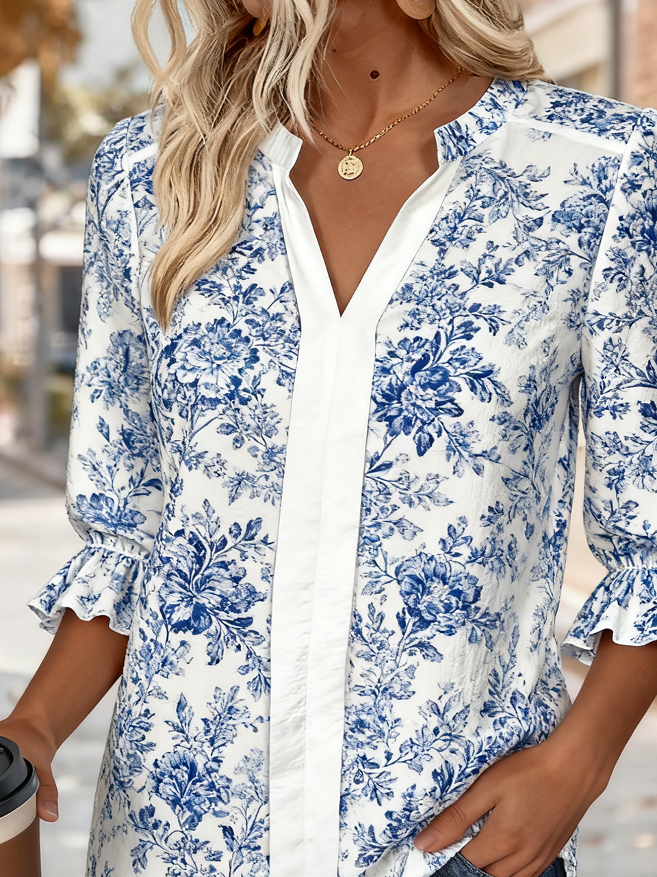 Elegant Botanical Pattern Linen Blend V Neck Shirt