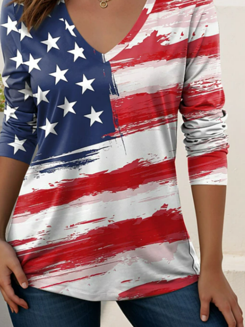 Women's Long Sleeve T-shirt Spring/Fall As Picture America Flag Printing V Neck Holiday Going Out Casual Top