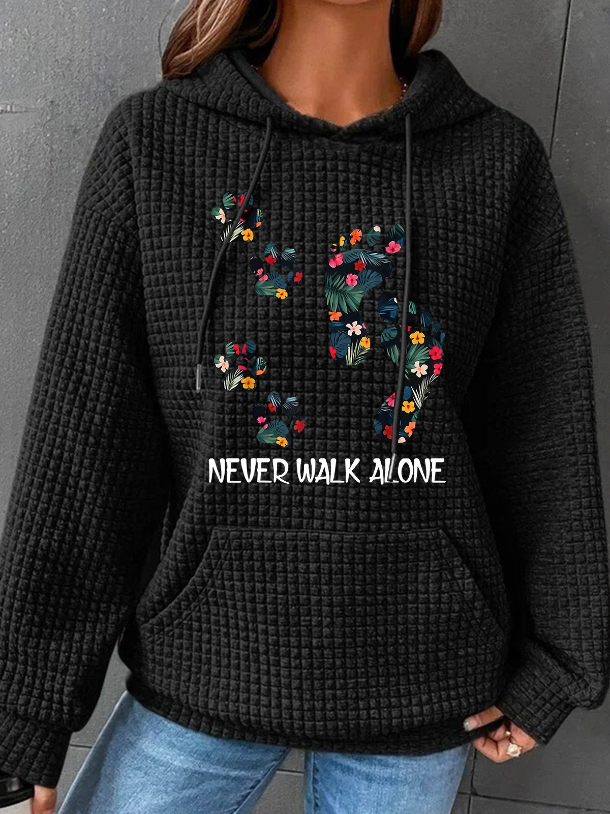 Never Walk Alone Paw Dog Flower Simple Loose Hoodie