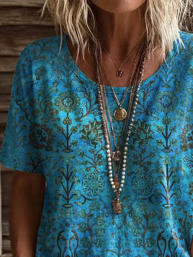 Women's Short Sleeve T-shirt Summer Blue Floral Printing Jersey Crew Neck Daily Going Out Casual Top